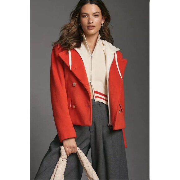 Anthropologie Maeve Twofer Hoodie Peacoat Gold Buttons Women's M - Red NWT - Picture 1 of 14